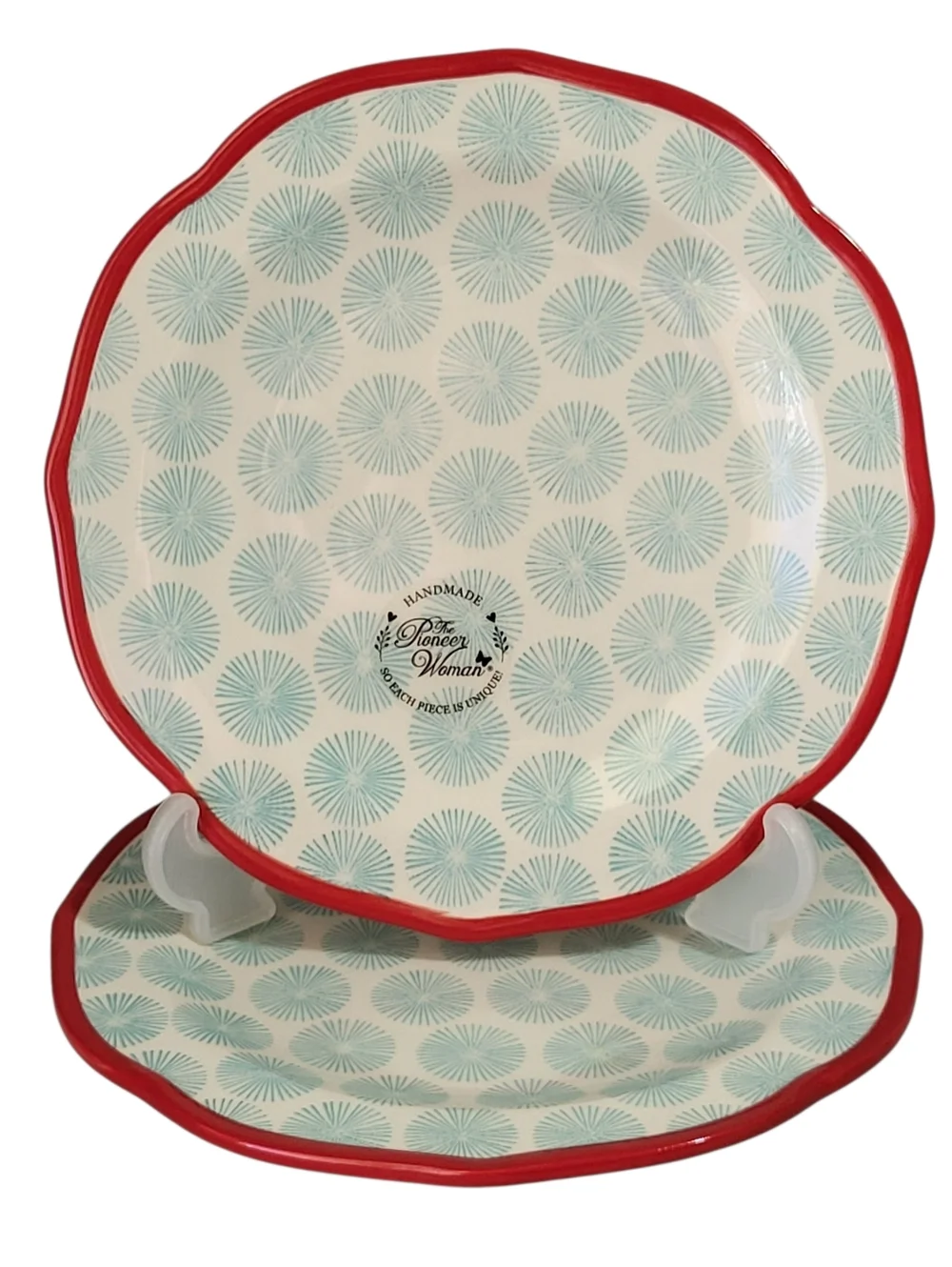 2-Pc Pioneer Woman Happiness Scalloped Red Rim Plate Salad Dessert Farmhouse NEW